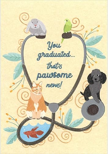 Designer Greetings Pawsome News Conejo, loro, perro, gato y pescado en estetascope tarjeta de felicitación de graduación para veterinario escuela