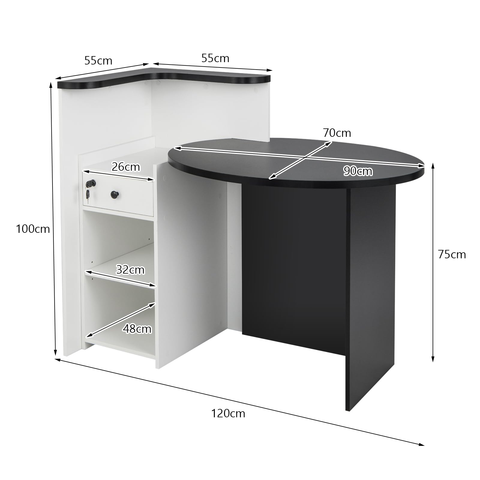 COSTWAY Escritorio de Recepción, Escritorio Ovalado de Mostrador con Cajón con Cerradura, Estante Ajustable, Mostrador Minorista para Caja, 120 x 70 x 100 cm, Mostradores Recepcion, Industrial (negro)