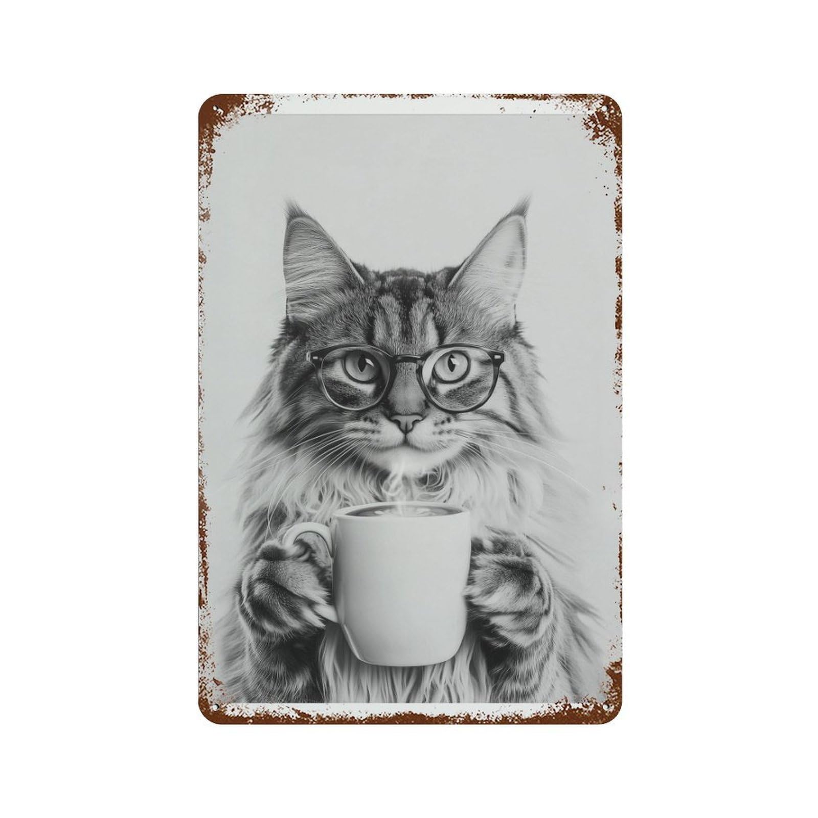 xiaoxiaoshen Maine Coon Cat Drinking Coffee Black And White Wall Decor Art Metal Tin Poster Modern Home Decor Art Home Bar Shop Decorations Vintage Sign 30x20cm