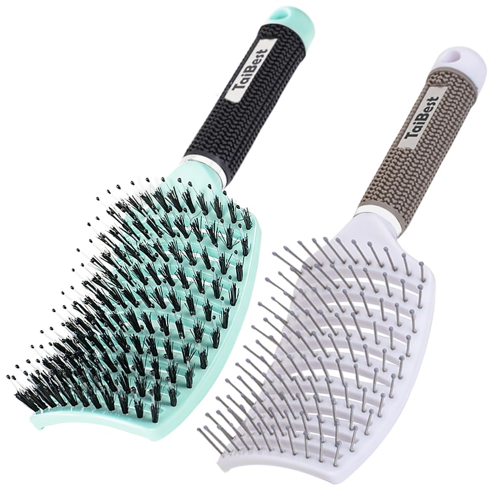 Haarbürsten-Set mit Wildschweinborsten – Bürste für trockenes/nasses Haar, Entwirrer für feines, dickes, lockiges Haar, gebogene und belüftete Haarbürste für Damen, Herren oder Kinder