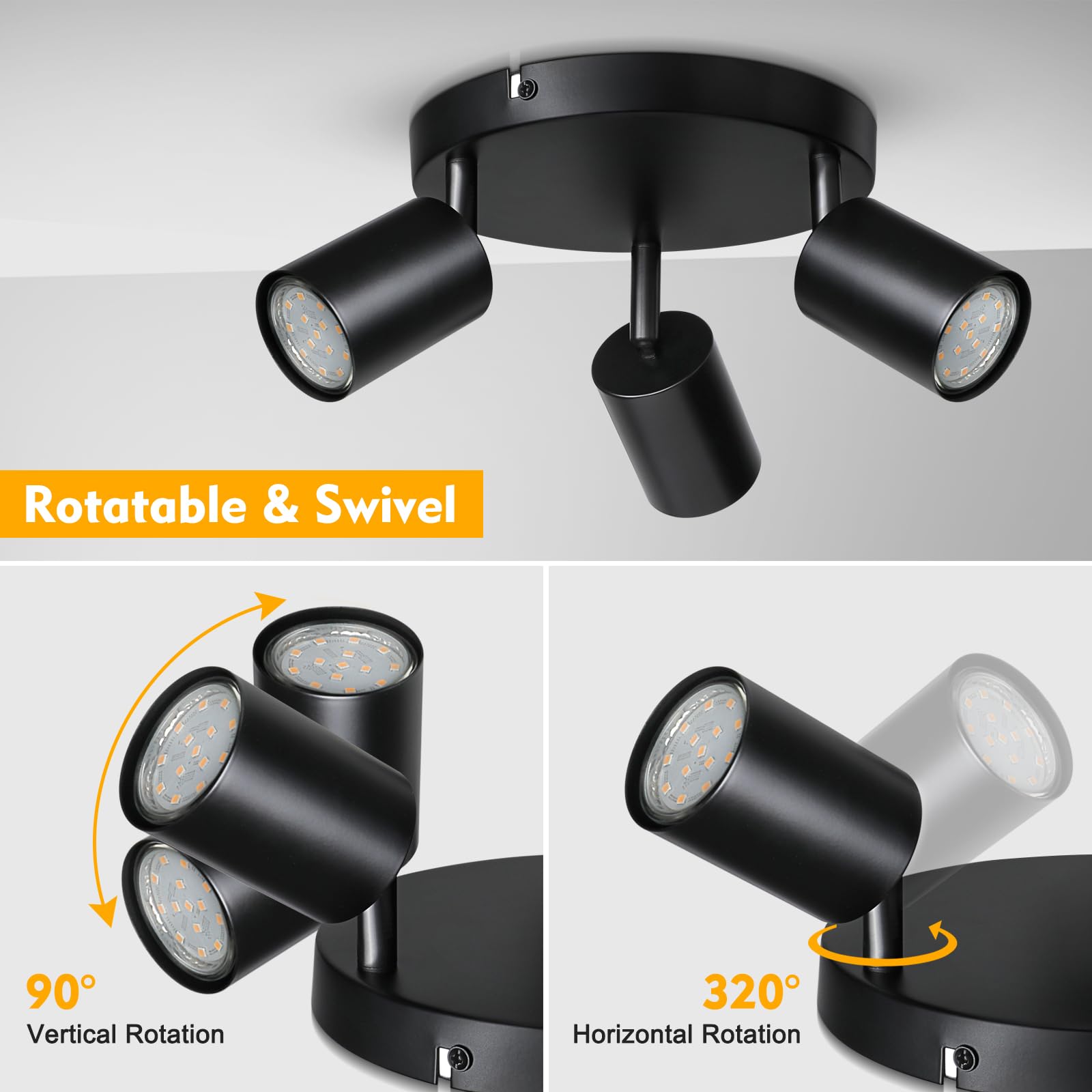 Smanu 3 Way Spotlight Ceiling Lights, Modern Kitchen Ceiling Light Fittings Black, Industrial Ceiling Spots Wall Lights - Image 2