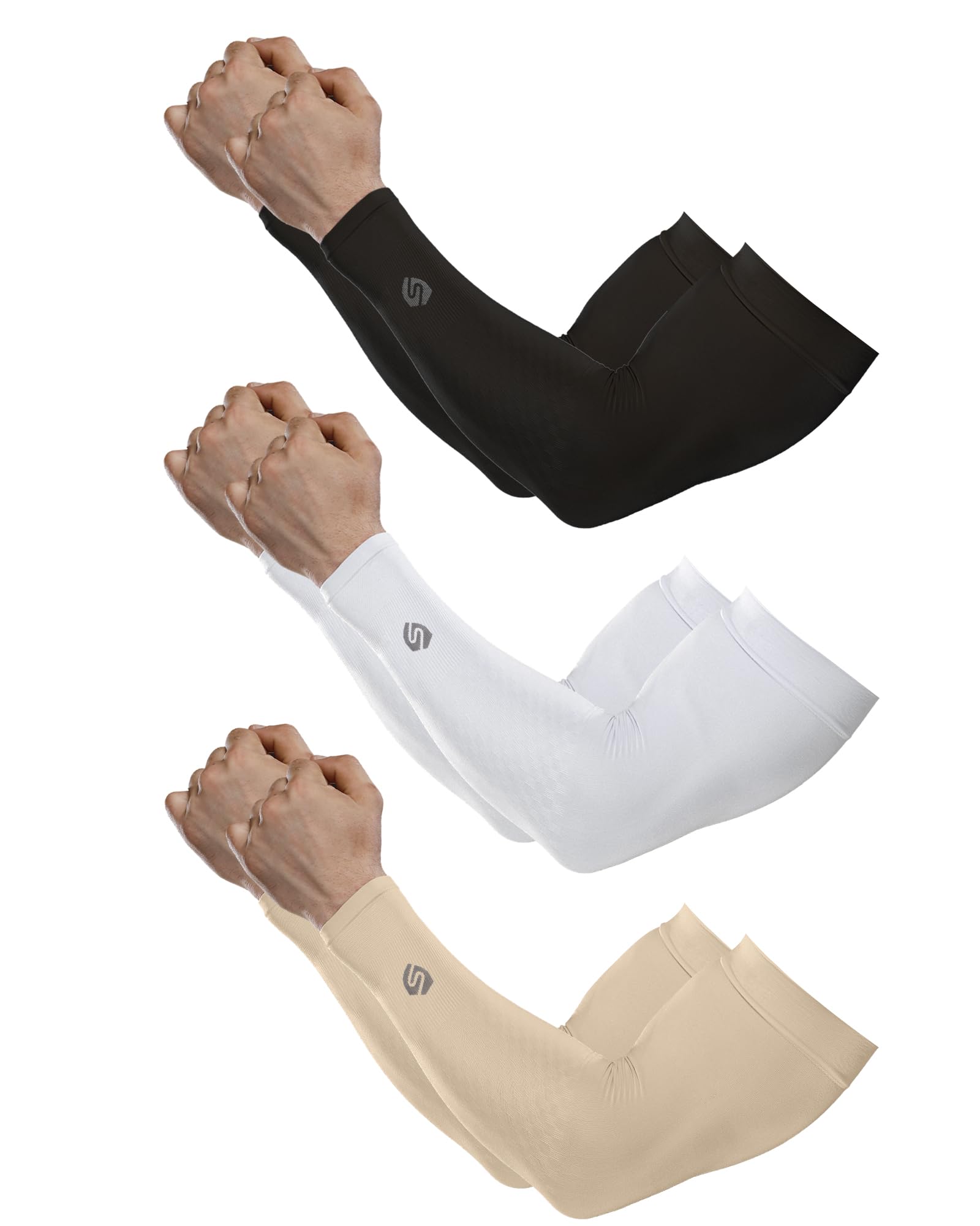 Shinymod Unisex 3 Pair Black+White+Beige Compression Sleeves Arm Warmers Uv Sun Protection Men Women Cooling Sleeves To Cover Arms For Cycling, Driving, Golf, Hiking