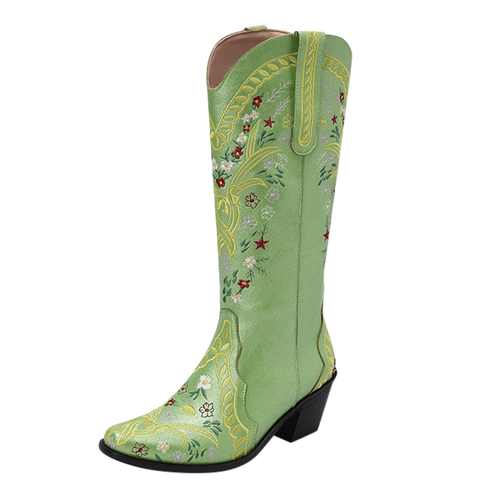 Stivali da cowboy da donna, vestibilità larga, con tacco medio grosso, punta a punta, stivali da cowgirl con ricamo occidentale stile country, stivali da donna classici in pelle PU calzature casual