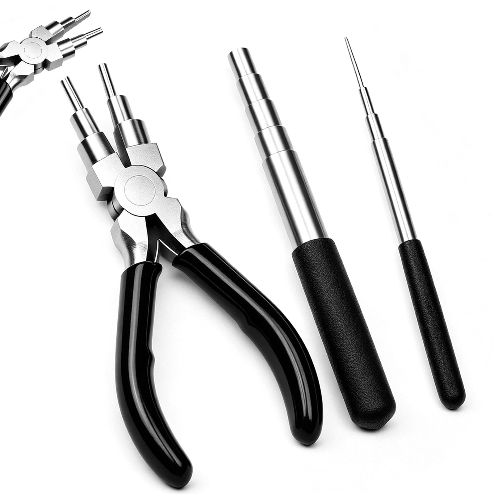 KIPTVO Wire Wrapping Tool Set, 3PCS Jewellery Making Supplies with 2PCS Mandrels (1.5-10mm) & 6-in-1 Wire Looping Pliers, Ring Bender & Jump Ring Forming Tool Kit for DIY Jewelry, Crafting