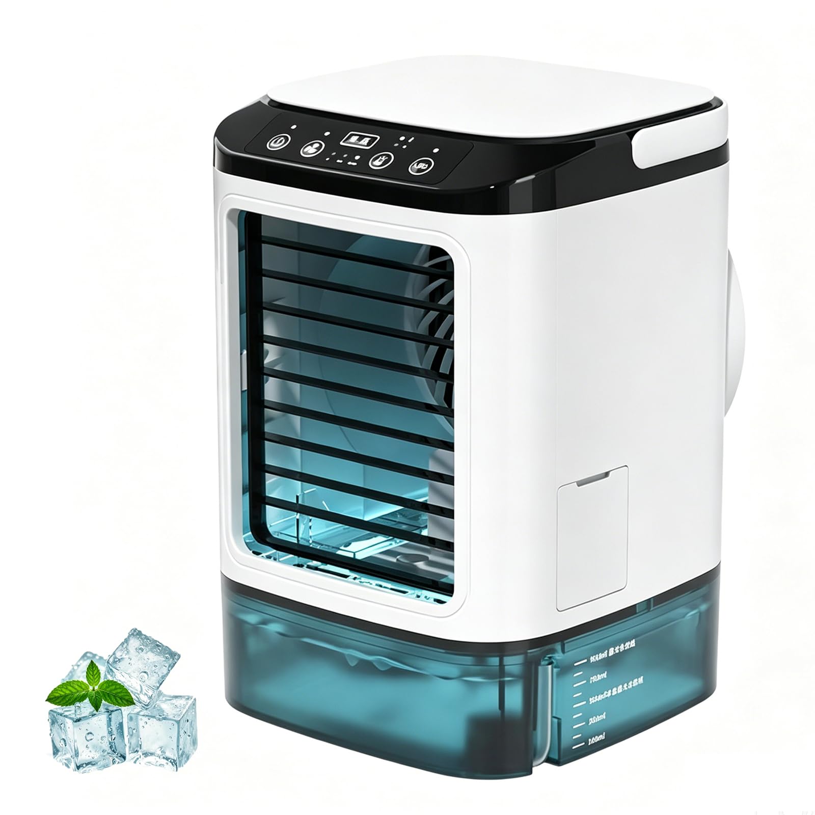 Raffrescatore d'aria evaporativo, ventilatore portatile 4 in 1 con scomparto per il ghiaccio, serbatoio dell'acqua da 900 ml, 3 velocità + modalità boost, luce notturna a 7 colori per casa, ufficio,