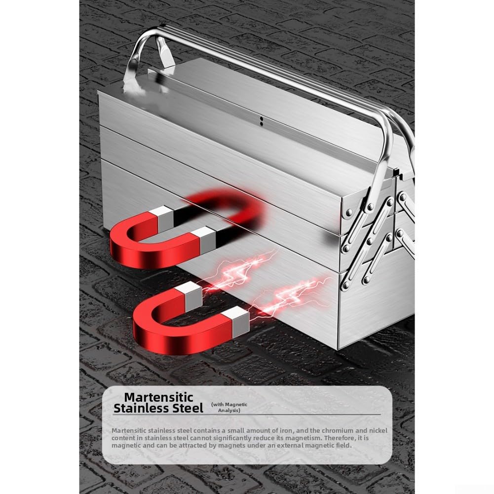 Caja de herramientas plegable de acero inoxidable, organización de tres niveles, almacenamiento portátil para proyectos de bricolaje, garaje, mantenimiento automotriz, construcción, diseño