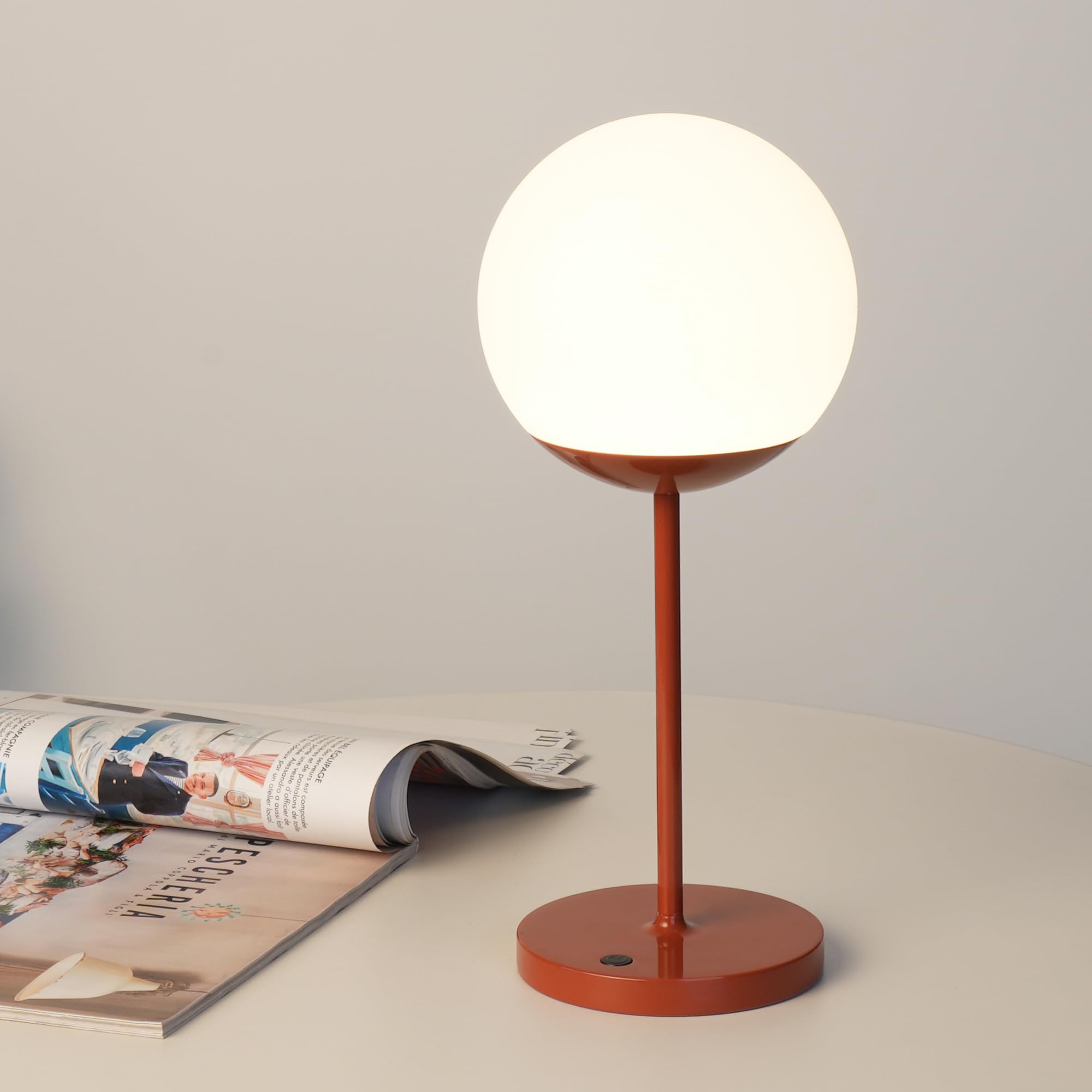 Photo 1 of WEILAILUX Cordless Table Lamp with Globe Shade, Rechargeable Dimmable Bedside Light, Shower Lamp Waterproof, Touch Control, 8-72 Hours Runtime, 2700K Warm White for Indoor Outdoor (Brick Red, Mini)