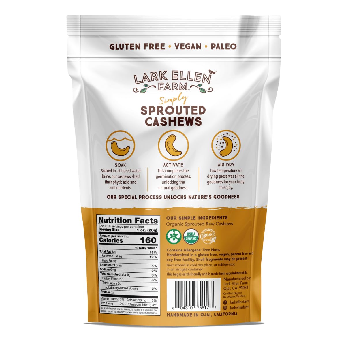 Lark Ellen Farm Sprouted Organic Certifed Cashews Unsalted - 10 oz Bag, Non GMO, Keto Snacks, Paleo, Gluten Free, Vegan, Organic, Plant Based, High Protein, Low Glycemic Index, Peanut Free Facility…