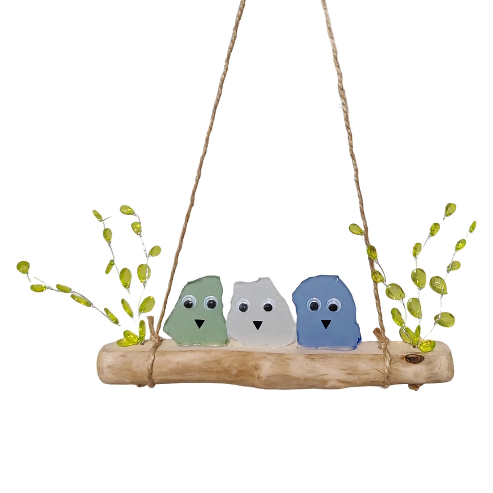Handmade Seaglass Rainbow Birds Wall Art Driftwood Art for Balcony Garden Home Decor Handmade Sea Glass Birds On Driftwood Gift for Nature Lovers (3 Birds) (B)