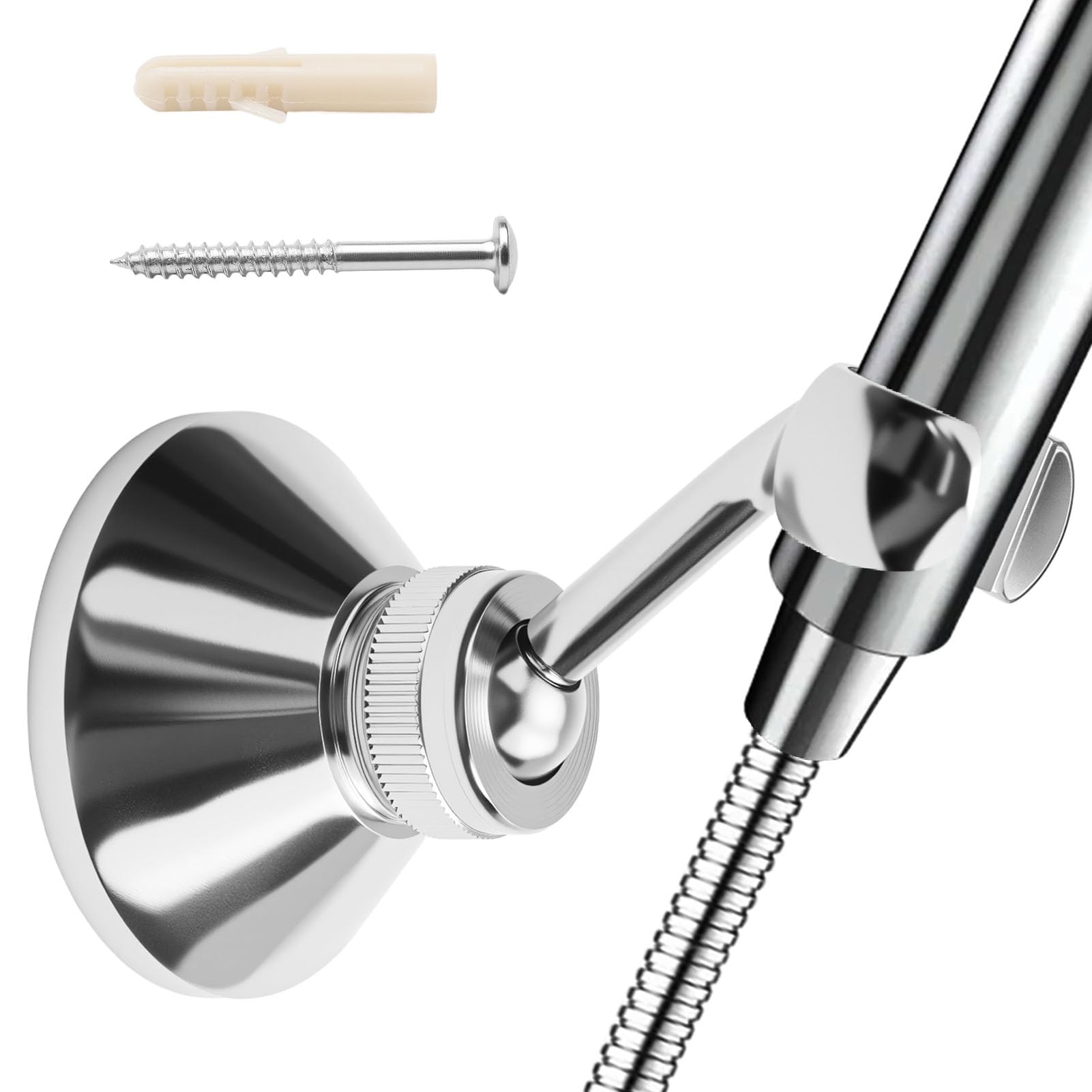 Shower Head Holder Bracket, Chrome Plated 360° Swivel Wall Mount for Handheld Shower, Fits Standard Show-er Hose, No Drill Installation, Rustproof Construction, Universal Showerhead Holder Replacement