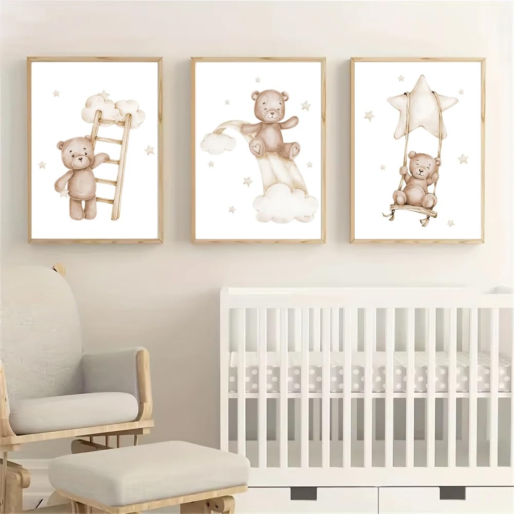 BeiYiHo 3 Affiche Chambre Bébé Beige Deco Ourson Chambre Bebe Tableau Decoration Murale Chambre Garcon 30x40 Poster Ours Chambre Enfant Garcon Cadeau SANS CADRE