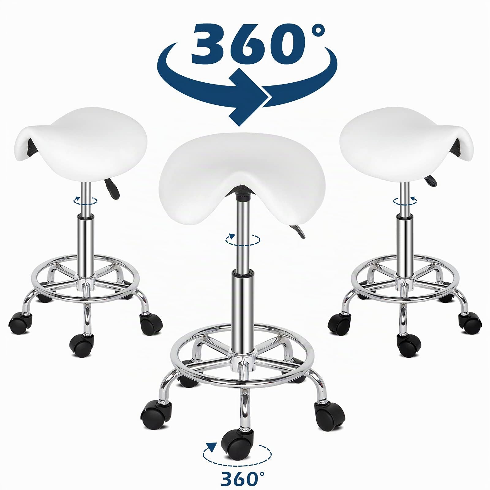 Bonnlo Ergonómico Taburete con Ruedas de Montar, Taburete Regulable Altura 51-65 cm, Taburete Giratorio con Ruedas 360° para Salones de Belleza, Spas y Oficinas Blanco (Blanco)