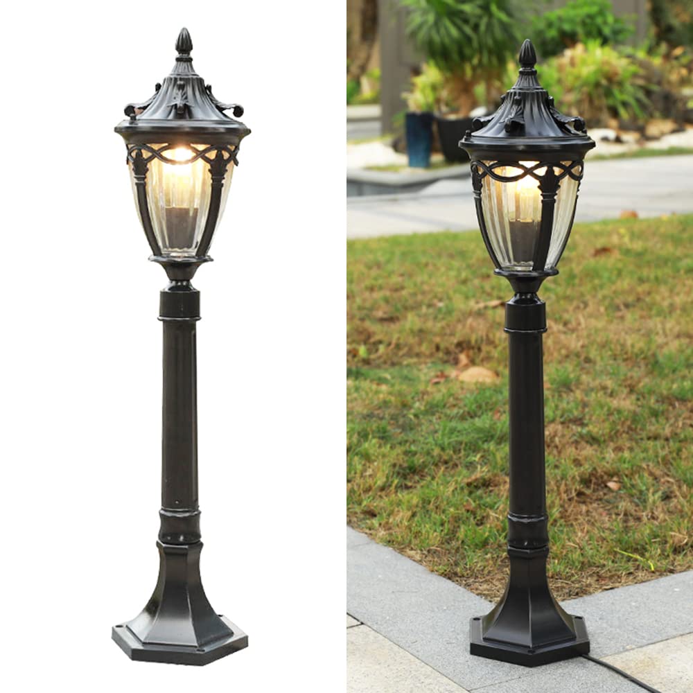 Lámpara de pie de estilo antiguo, E27 Lámpara exterior jardín, Lámpara de césped retro aluminio fundido con pantalla cristal, Farol rústico impermeable IP23 para patio entrada terraza (C)