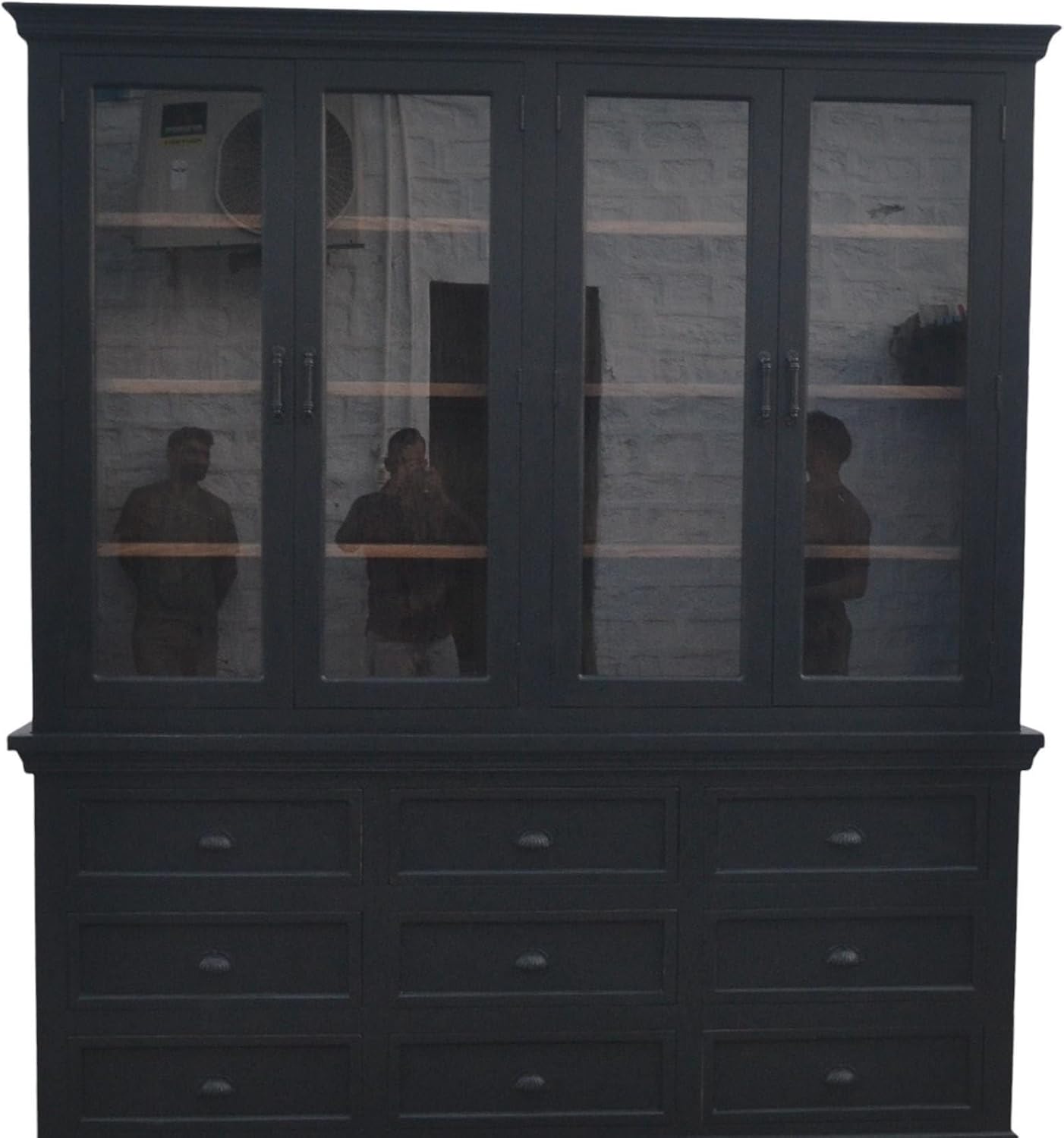Solid Wood Tall Double Bookcase Glass Door for Home & Office(BLACK)