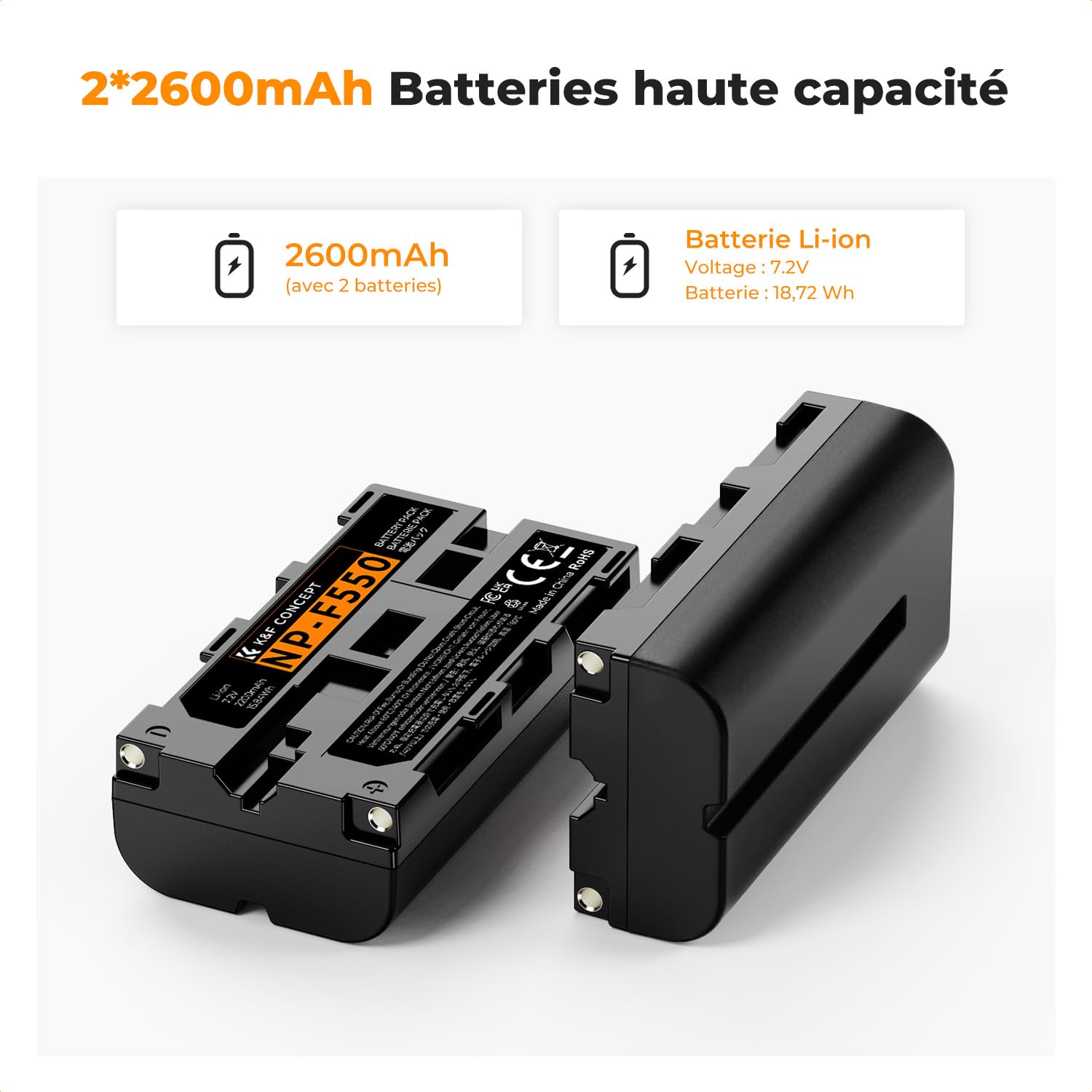 K&F CONCEPT NP-F550 Batterie LED Chargeur Kit 2600mAh Compatible avec Sony NP-F550 F570 F750 F770 F930 F950 F960 F970 pour Lampes LED/Moniteur/Curseur de Caméra