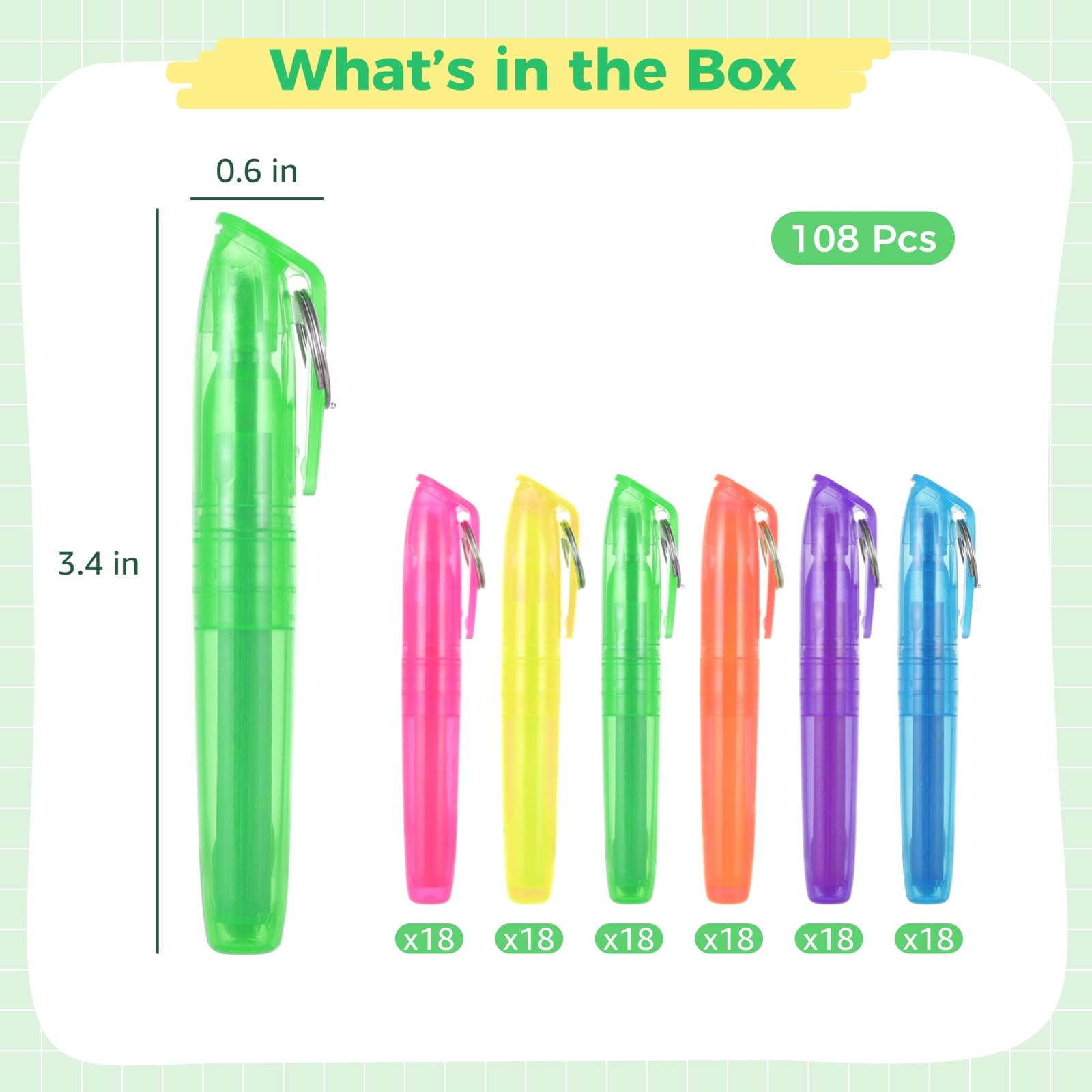 Mini-Textmarker, tragbar, bunt, zum Markieren von Notizen, Schlüsselanhänger, Taschen-Textmarker, 6 Farben, fluoreszierende Farbstifte, glatte flüssige Textmarker für Lehrer, Büros, Studenten, 108