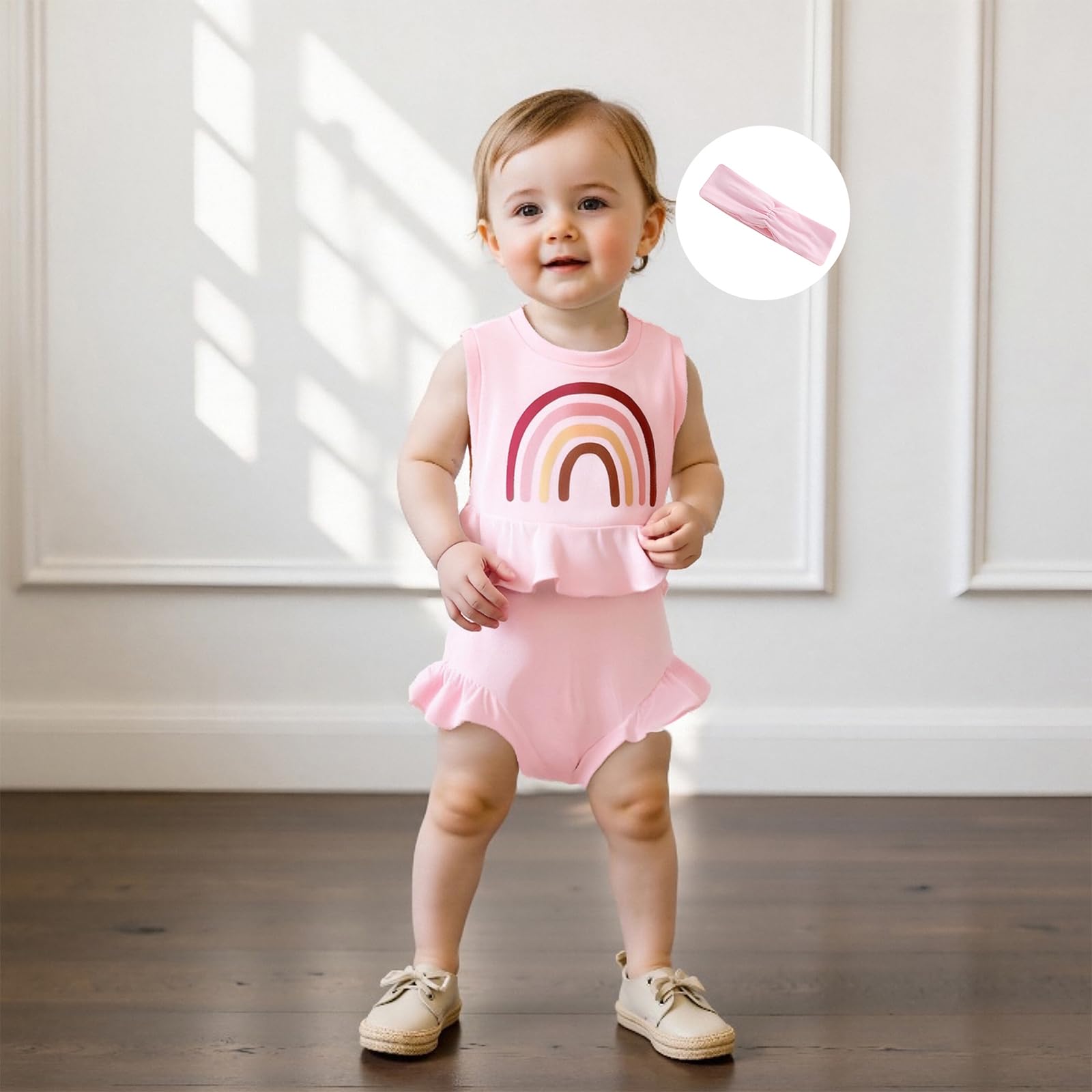 Finegoodwei Baby Girls Summer Outfits Rainbow Print Tank Tops and Solid Color Shorts Headband 3 Pcs Set Fashion Clothes (Pink, 0-3 Months)