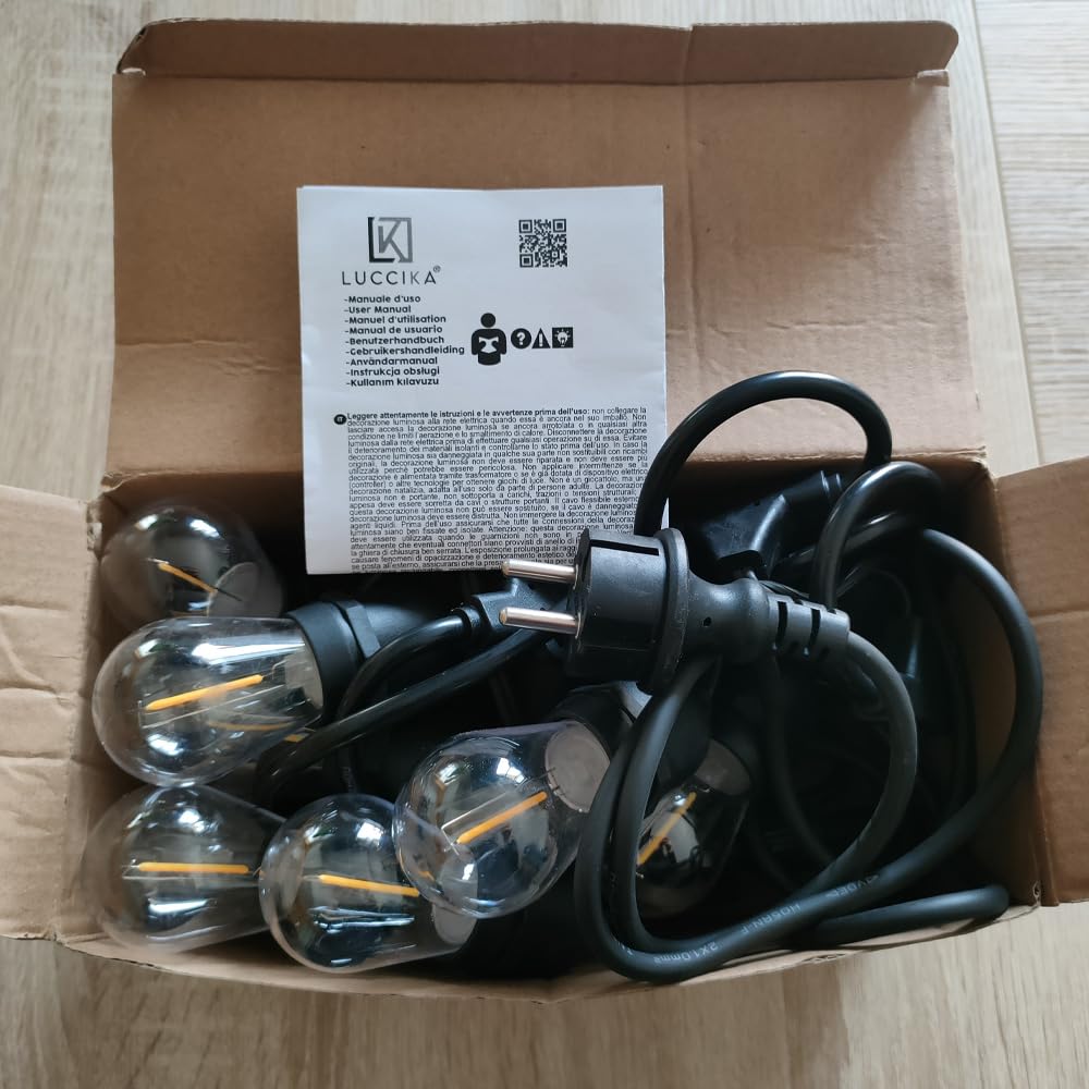 Luccika 5 Meter Lichterkette mit 10 klaren Birnen S14 LED warmweiß Vintage mit schwarzem Kabel verlängerbar für Außen und Innen IP44 (220 Volt mit Schukostecker)