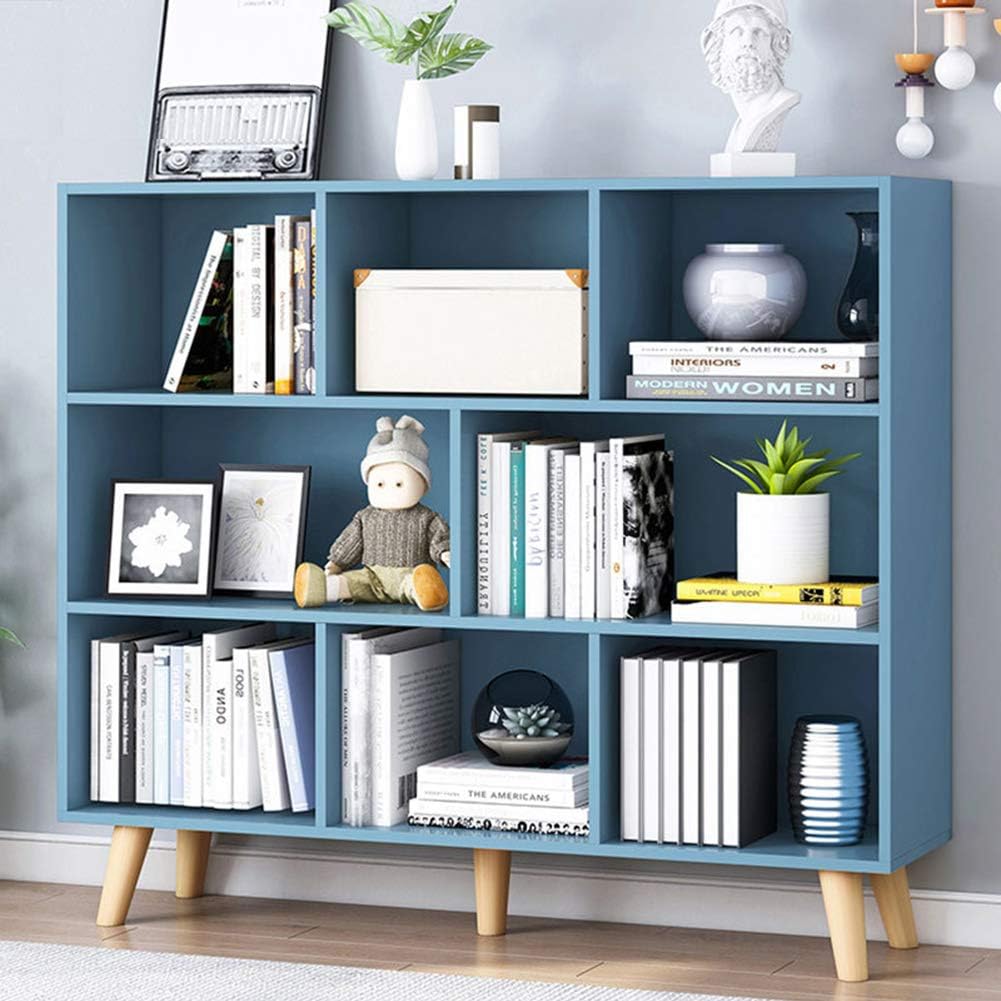 IOTXY Wooden Open Shelf Bookcase - 3 Tier Floor Standing Display Cabinet Rack with Legs, 8 Cube Kids Bookshelf, Bright Blue