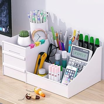 Shuttle Art Office Desk Organizer with Drawer, All in One Office Supplies and Cool Desk Accessories Pen Holder, Enhance Your Decor, Desktop 8-Compartment Laddered Desk Organizer(White) - image, photos