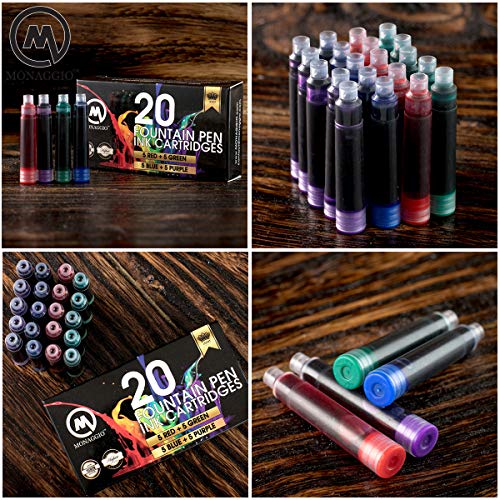Extra Ink Cartridges For Most Fountain Pens Including Monaggio Pens. Fancy Pack Of 20 Refill Cartridges For Your Fountain Pens And Monaggio Pen: Blue, Purple, Green & Red #TOP4