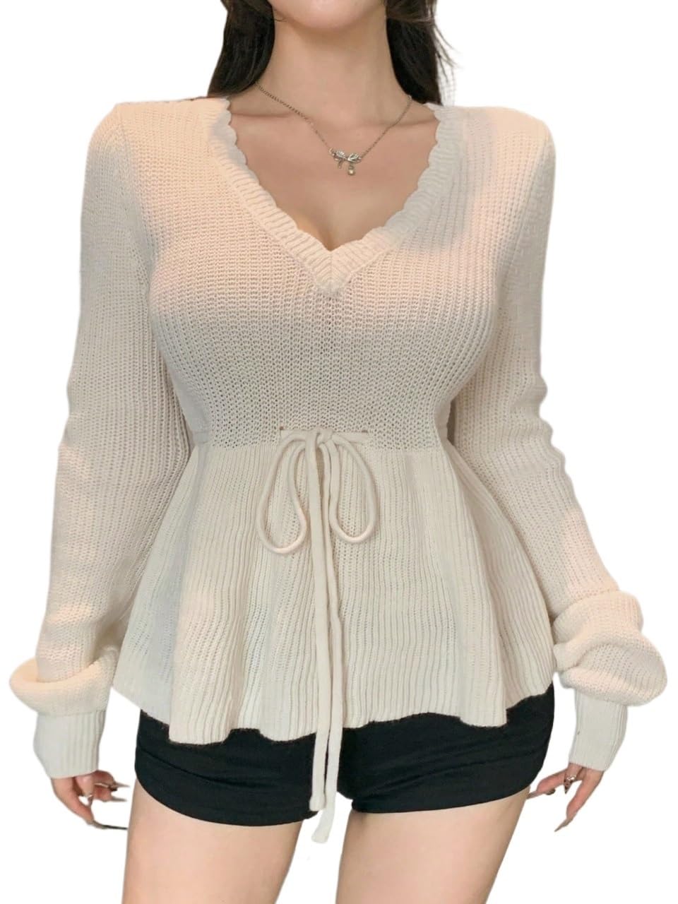 Womens Pullover Sweater Knit Long Sleeve V Neck Sweater Trendy Tops