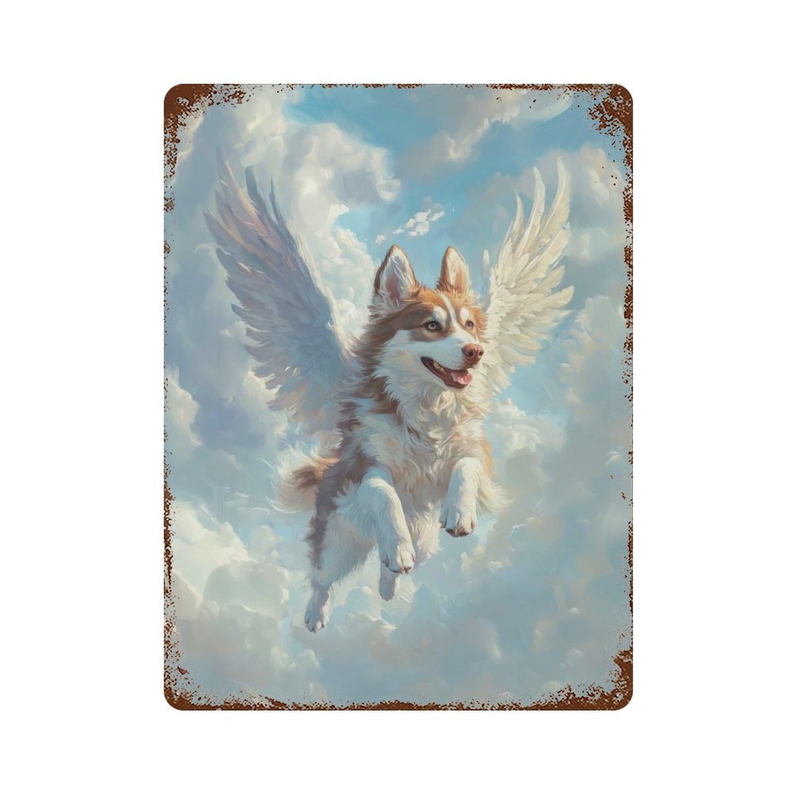 Husky Angel Pet Loss Tribute Art Angel Dog in The Clouds 15.7"x11.8" Vintage Rust Metal Sign, Shabby Chic Decor for Garage, Bar And Workshop Decor