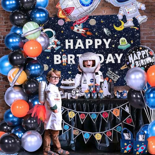 Image of 1 pc Space Theme Backdrop Cloth (6.5ft X 5ft) Space Theme Birthday Decorations Galaxy Solar System Planet Outerspace Astronaut Backdrop Curtain for Birthday (Pack of 1, Multicolor)