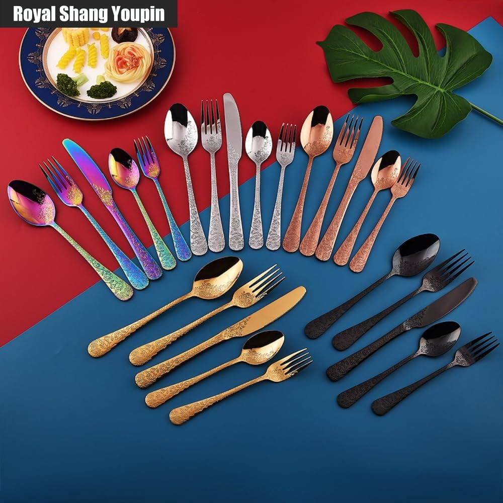 Vintage Carving Kitchen Stainless Steel Silverware Tableware Flatware Cutlery Knives Forks Spoons Set Home Steak Knife Dessert Spoon (Rainbow,5 pieces)