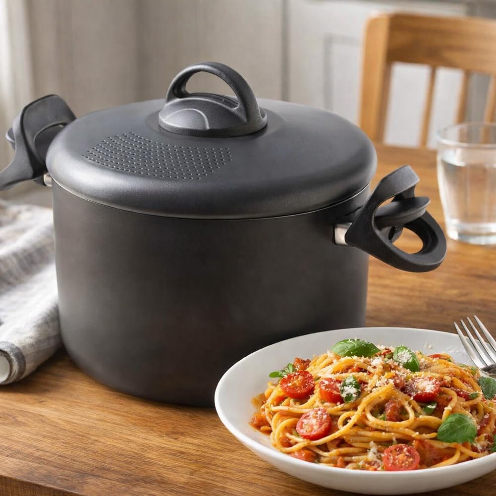 BAKAJI Olla Scolì de 22 cm con colador integrado y asas móviles y ergonómicas, olla antiadherente de aluminio con asas de bloqueo, segura y práctica, ideal para pasta, espaguetis