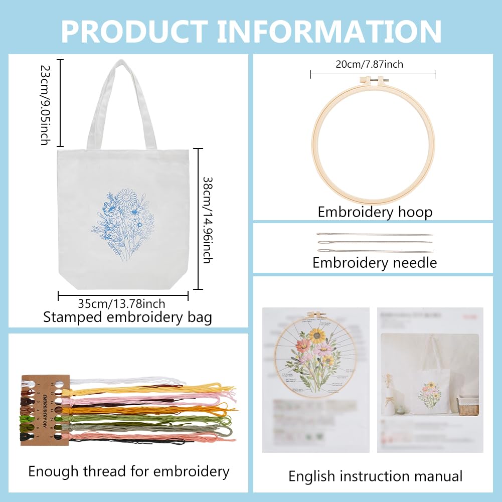 FREEBLOSS Canvas Tote Bag Embroidery Kit for Beginners White Embroidery Tote Bag Kit Daisy Canvas Bag Hand Stitch Embroidery Tote Bag Kit with Hoop and Floss, Instructions Included