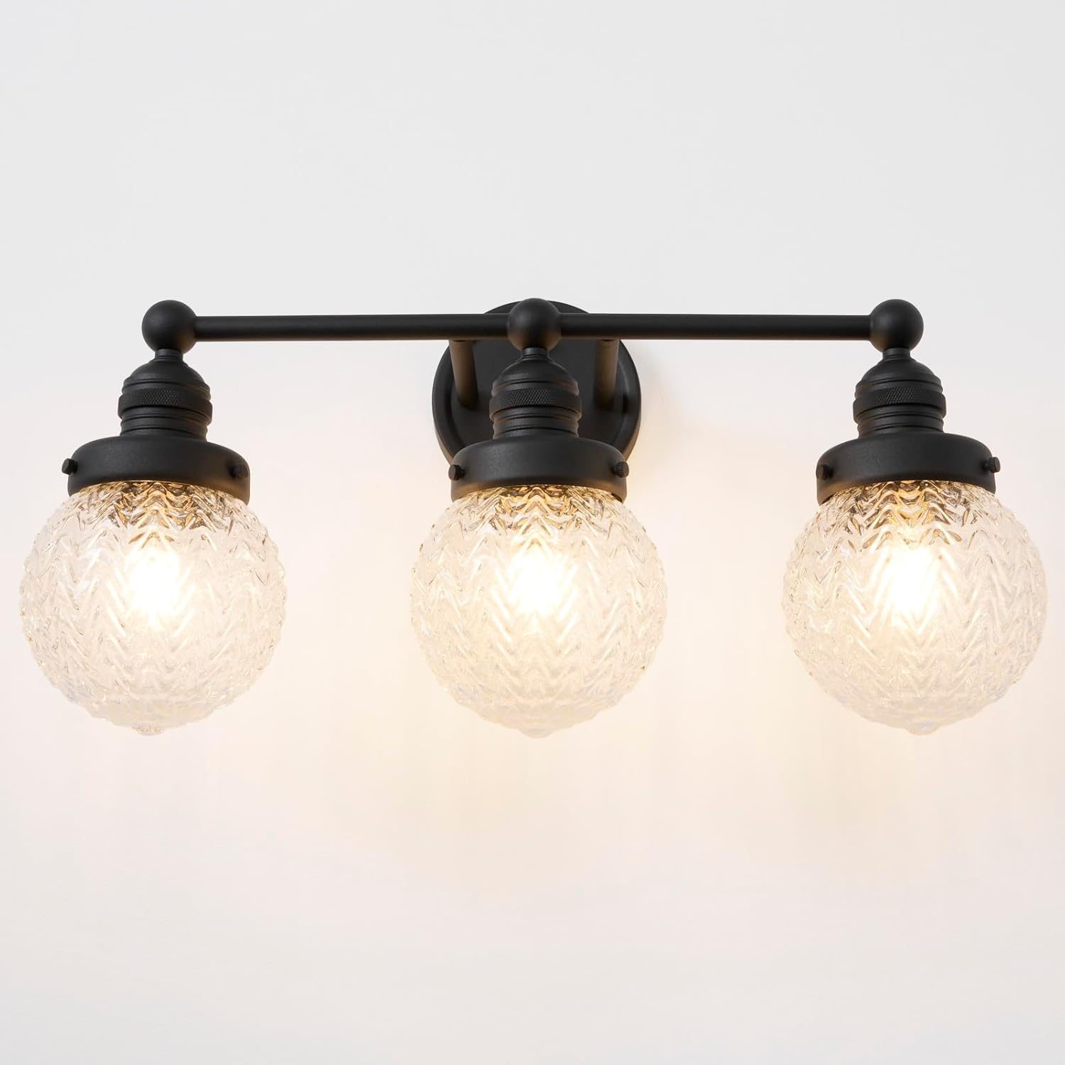 Vanity Lights for Bathroom, 3-Light Textured Glass Wall Sconce, Farmhouse Black Bathroom Lighting Over Mirror, Matte Black Wall Light for Kitchen Sink Bedroom Hallway,E26