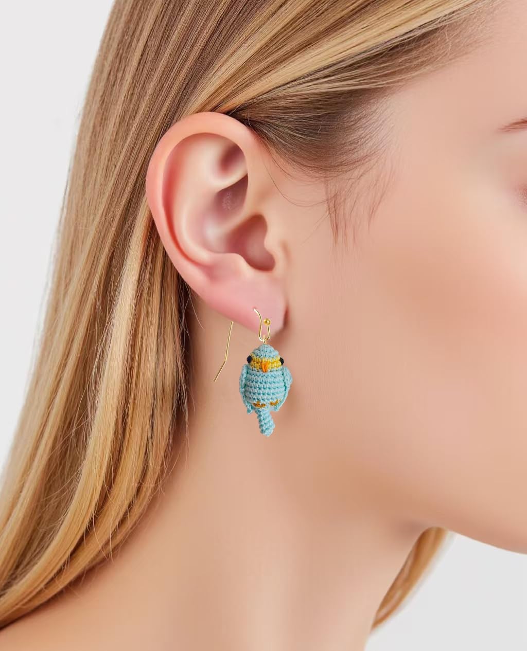 Hand-crocheted yellow and blue parrot earrings, miniature crocheted artistic cute playful parrot gifts accessories