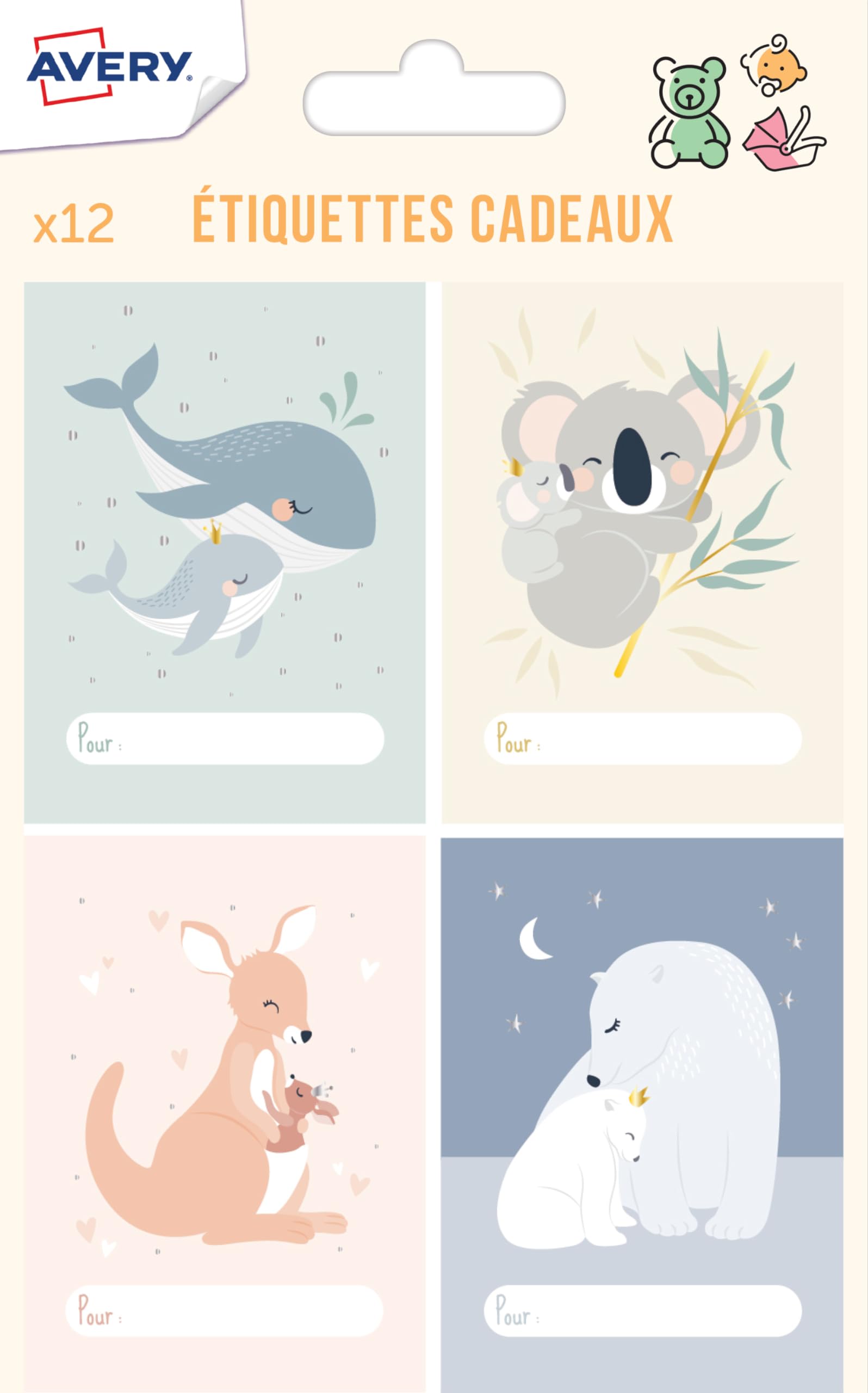 AVERY - 12 étiquettes cadeaux naissance et anniversaire - thème bébés animaux