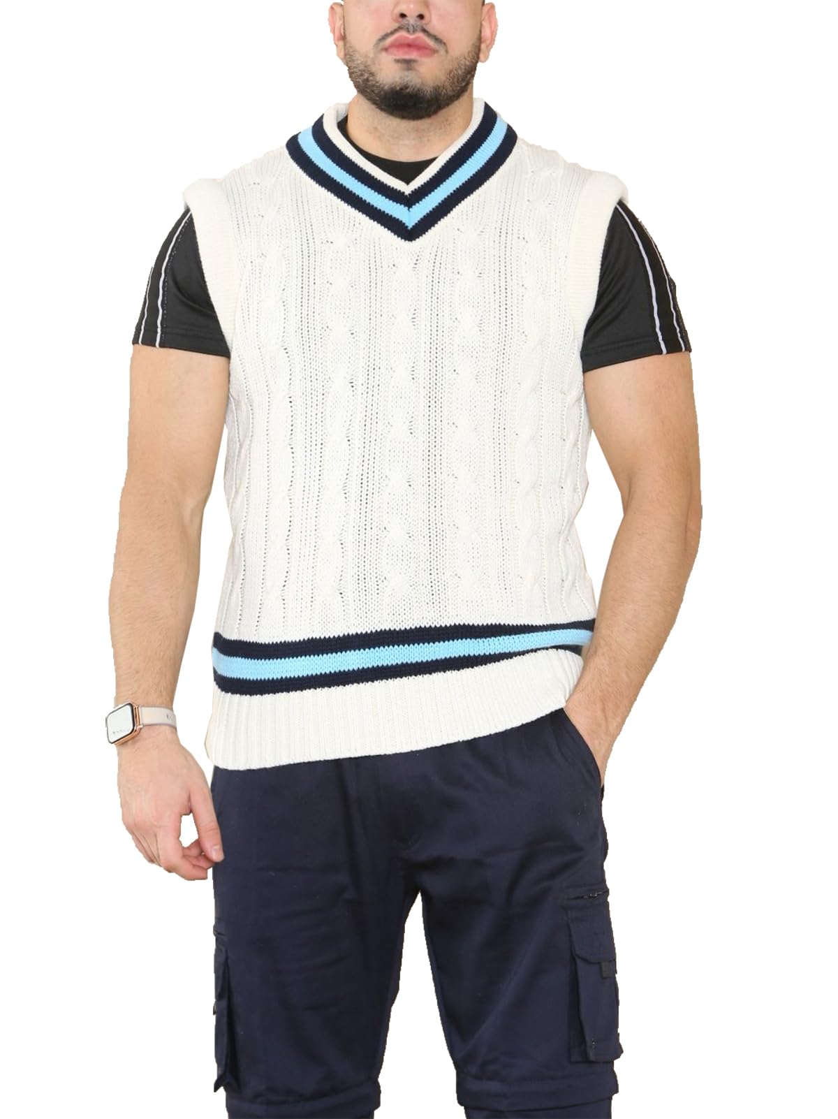 Fairy Trendz Women's Navy Blue Unisex Classic V Neck Sleeveless Thick Knitted Cricket Jumper Mens Sport Sweater Pullover Tank Top