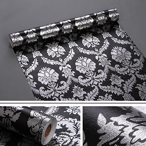 image for Yifely SimpleLife4U Silver Damask Furniture Paper Decorative Black She
