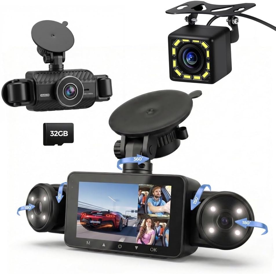 4 Channel Dash Cam 360° View, Include Front & Rear Left Right Camera Support 4 Way Recording, 32GB Card, 3” IPS Screen/Night Vision/WDR/24H Parking/G-Sensor(2G/4G/8G / 3 Split Screen