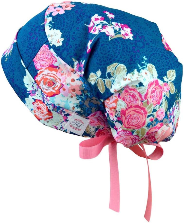 Womens Surgical Scrub Hat Adjustable Medium to Large Ribbon Ties (Tea Garden)