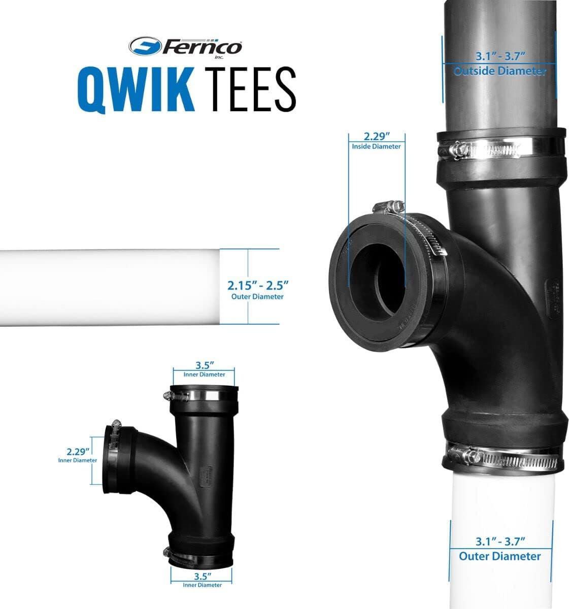 Fernco 3" Flexible PVC Tee Includes Optional 2" Reducer Bushing for DWV Cast Iron, Steel and Plastic Pipe Connections
