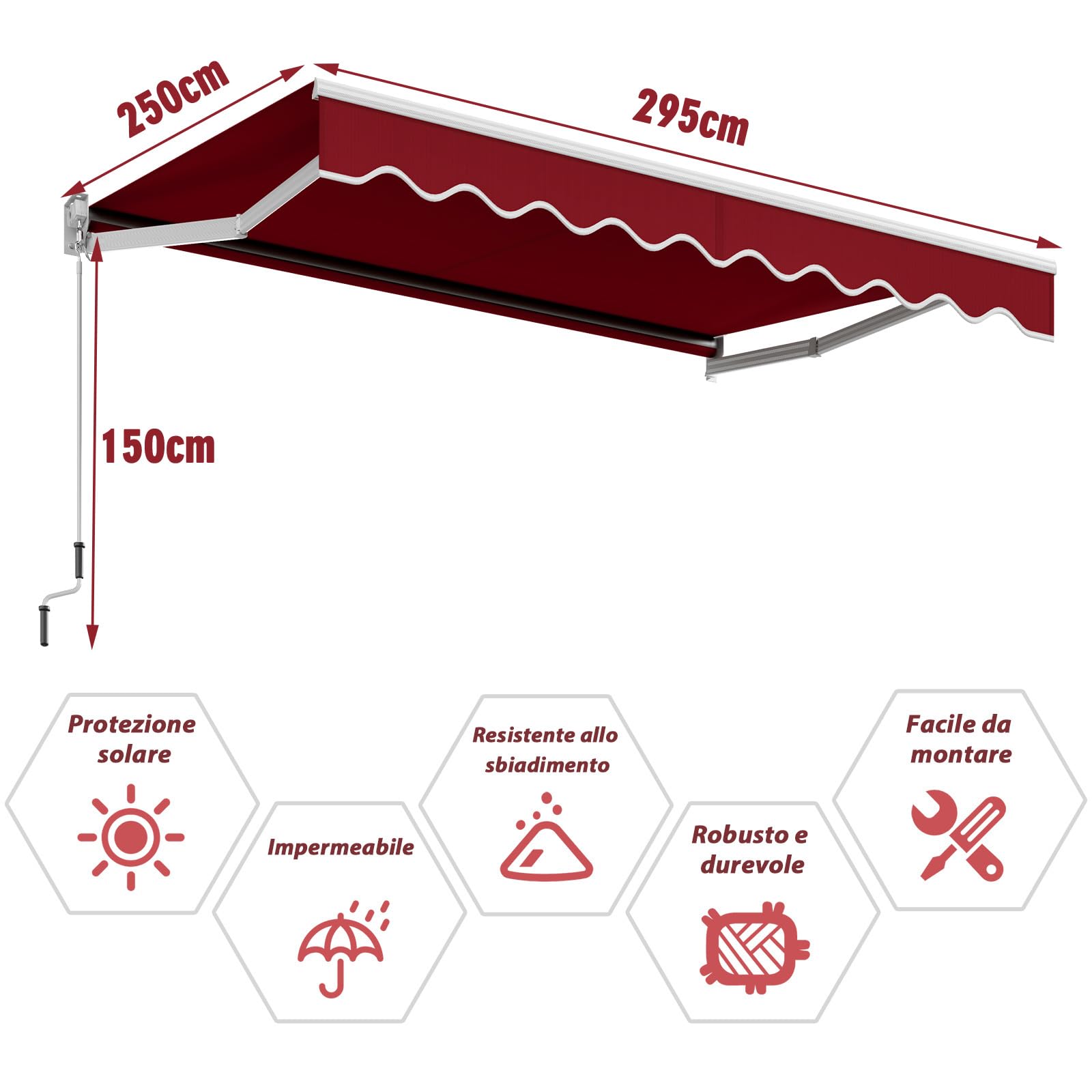 RELAX4LIFE Tenda da Sole a Bracci Estensibili Avvolgibile 295x250cm, Base Universale Parete/Soffitto, Manovella Manuale, Angolazione Regolabile, Telo Impermeabile, Alluminio, ROSSO