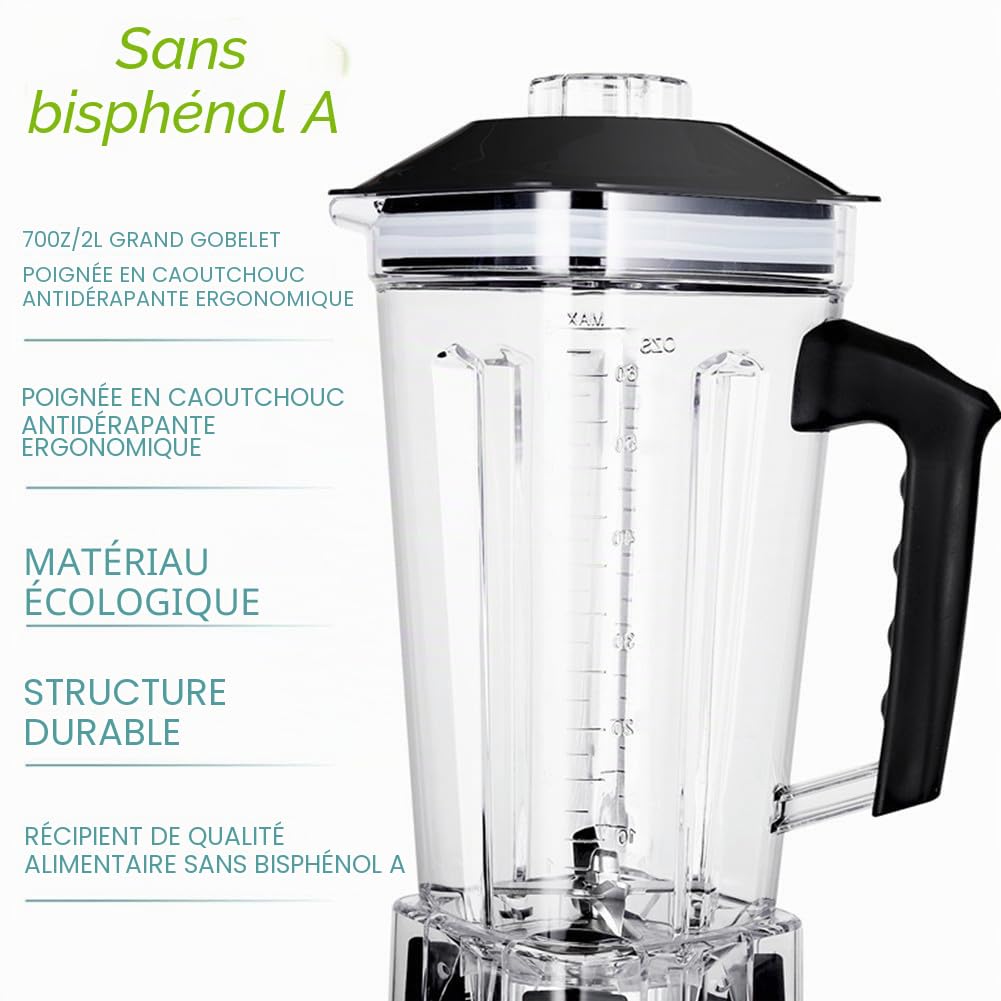 Grand Récipient sans BPA pour Blender 2L, Pot de Remplacement pour Blender Grande Taille avec Lame et Couvercle (Récipient sans BPA)
