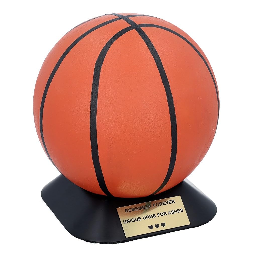 Basketball Urn for Ashes Adult Human – Handcrafted Stainless Steel Cremation Urn with ABS Base, Sports Memorial Tribute (Plaque YES)