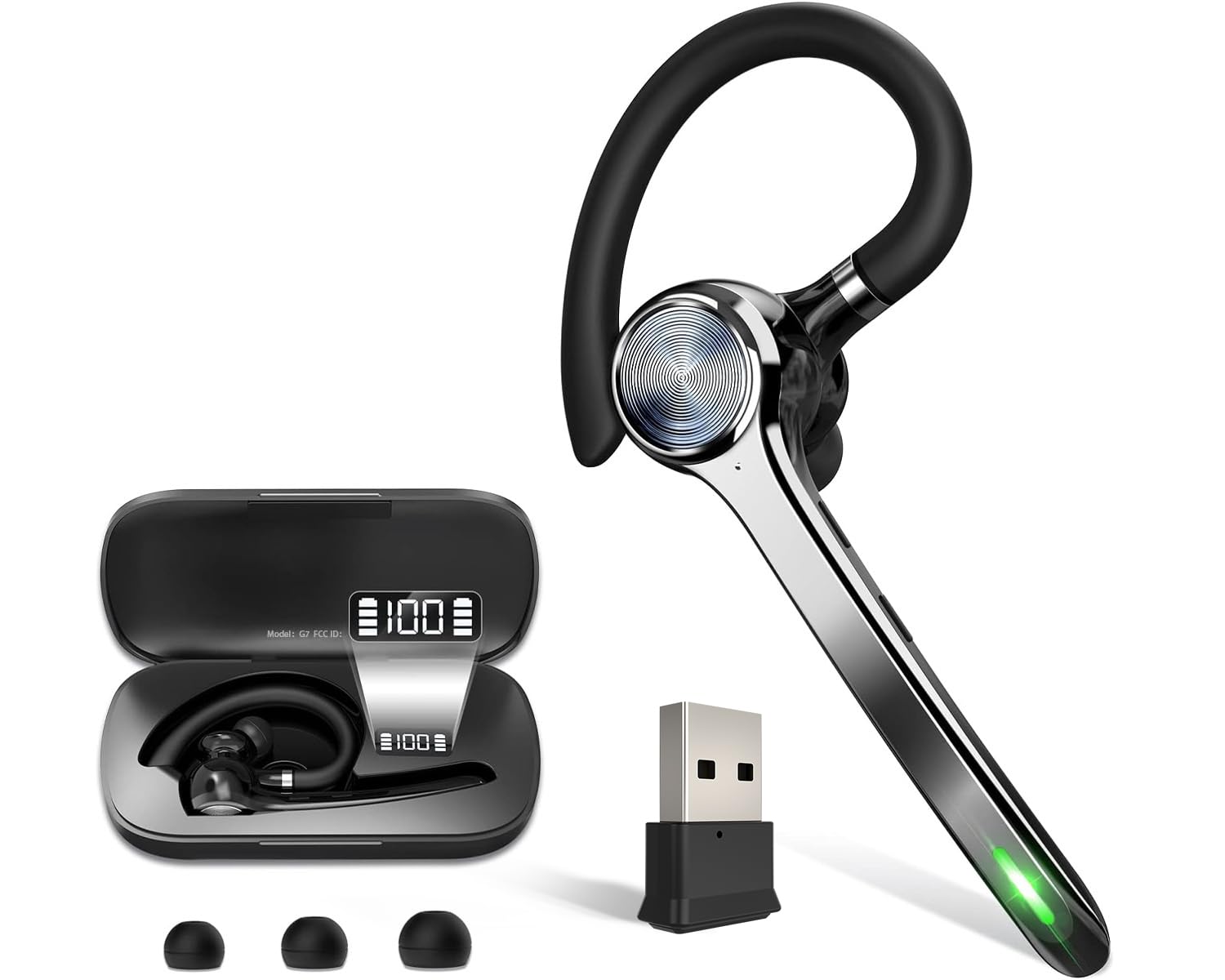 Bluetooth Headset, Wireless Bluetooth Earpiece with 500mAh Charging Case 72 Hours Talking Time Built-in Microphone for iOS Android Cell Phone, V5.1 Hand-Free Headphones with USB Dongle