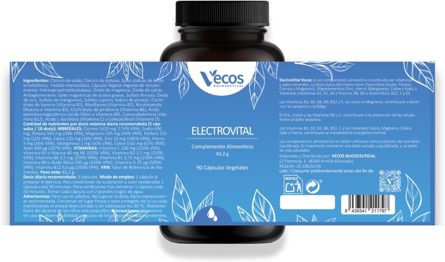 Sales Minerales para Deporte Vecos | Electrolitos Sin Azucar y Sin Gluten | Ideal para Personas con Alta Sudoración | Gran Concentración de Principios Activos (270 Cápsulas)