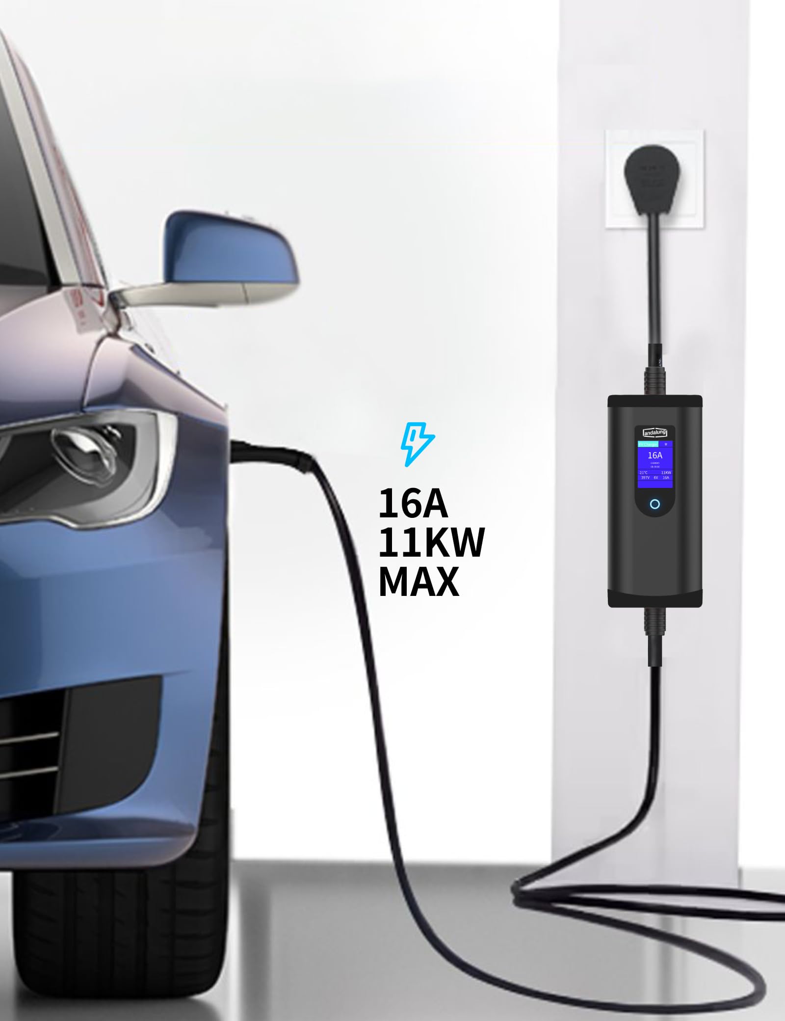 Przenośna ładowarka EV, 11 kW, 3-fazowa, 6-16 A, z regulowanym prądem, sterowaniem za pomocą aplikacji, kable, ochrona IP65, kompatybilna ze wszystkimi pojazdami PHEV/EV, WiFi, Bluetooth