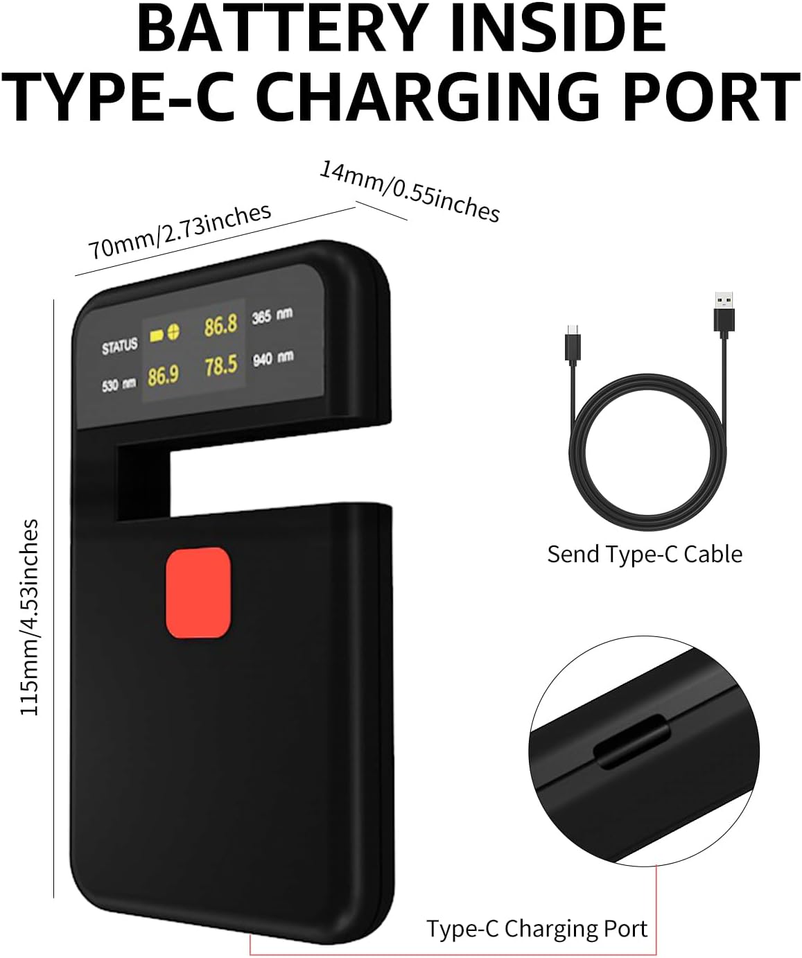 Digital Tint Meter Handheld Window Tint Solar Film Transmission Meter Type-C Charge VLT UV IR Detection Transmittance Meter Automatic Calibration Auto Glass Solar Film Tester Max 1/2" Thickness