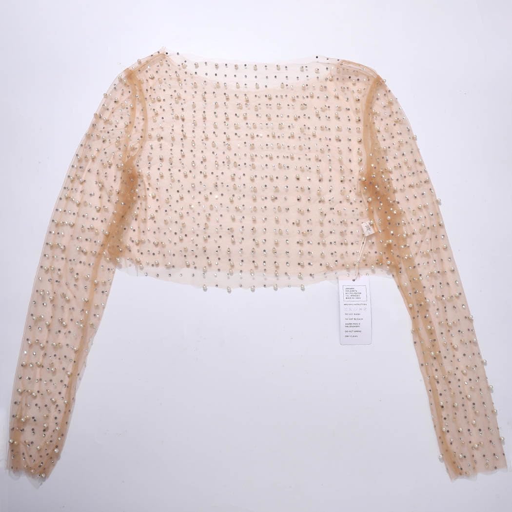 JAKAWIN Pearl Mesh Top Rhinestone See Through Blouse Long Sleeve Cropped Tops for Women Beige - Image 4