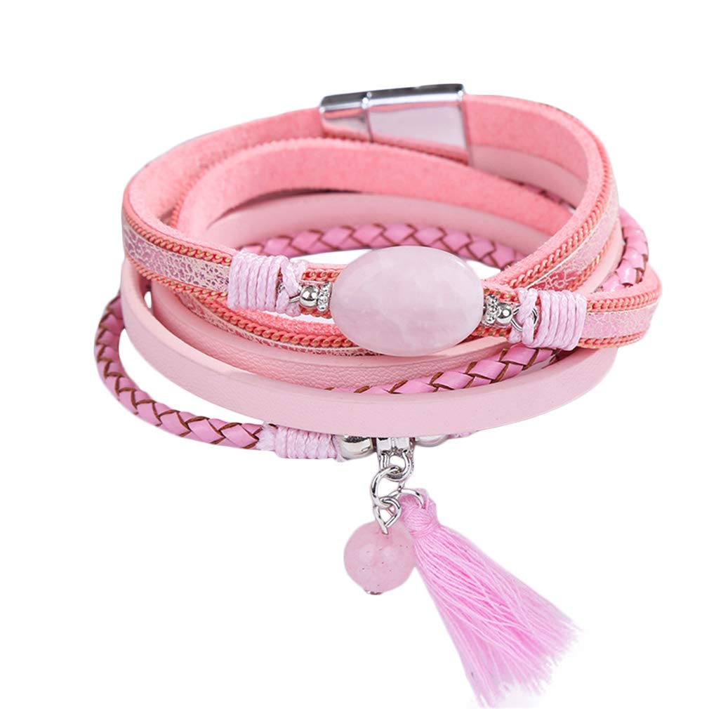YAZILINDLeather Wrap Bracelets for Women Multilayer Cuff Bangle with Tassel Pendant Magnetic Buckle Wristband Jewelry-2Pcs(Pink)