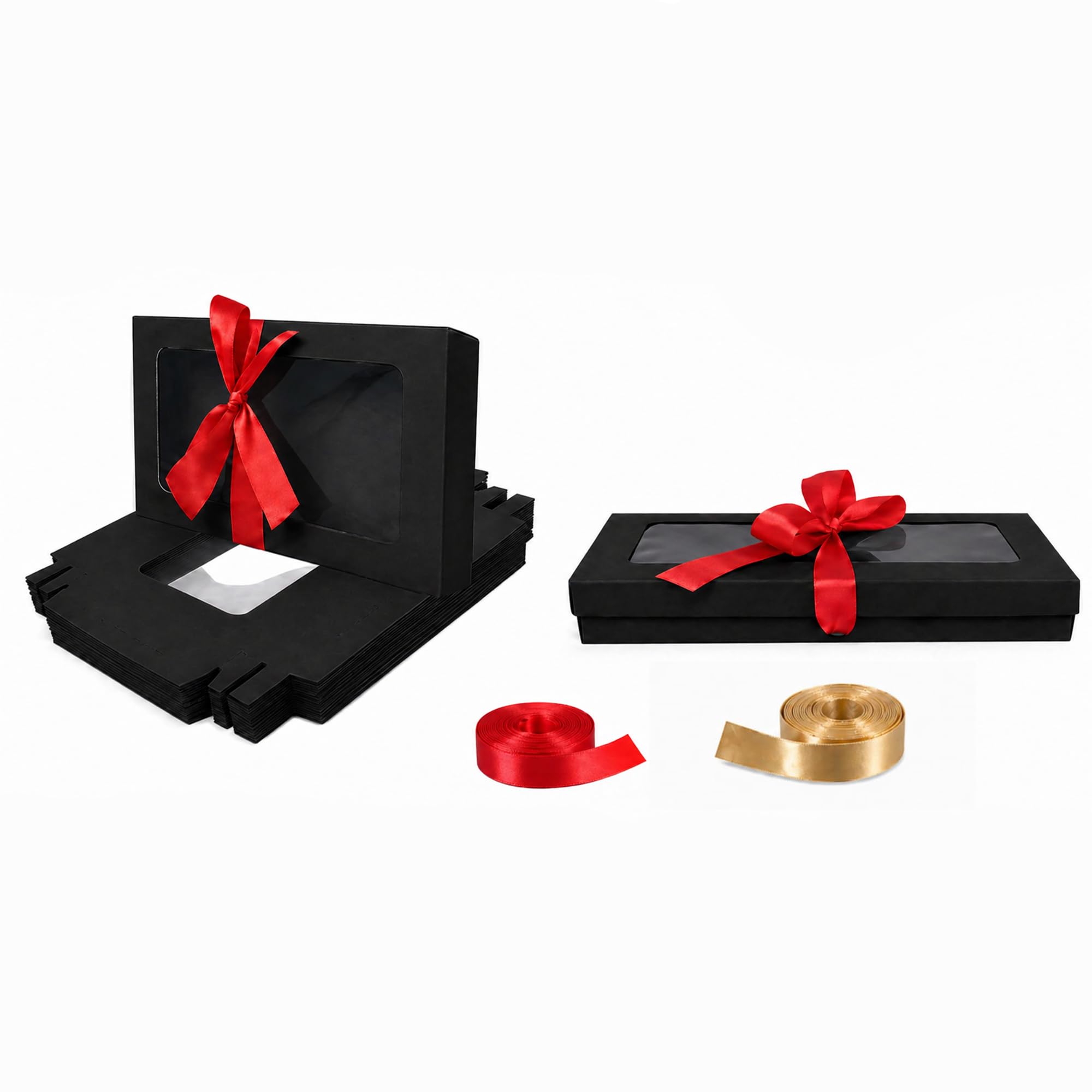 Emartbuy Pack of 12 Black Gift Boxes with Clear Window Lid & Red Satin Ribbon - Small Slim 21 x 12.5 x 2.5 cm - Recyclable Kraft Presentation Box for Hampers, Treats, Weddings & Favours — image 1