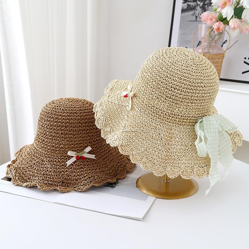 Gorra de Sol para Mujer,Gorra de Paja de Verano con Lazo A Cuadros,Ajustable,Plegable,de ala Ancha,Sombrero de Playa de Paja Flexible para Caminar,Pescar y Viajar